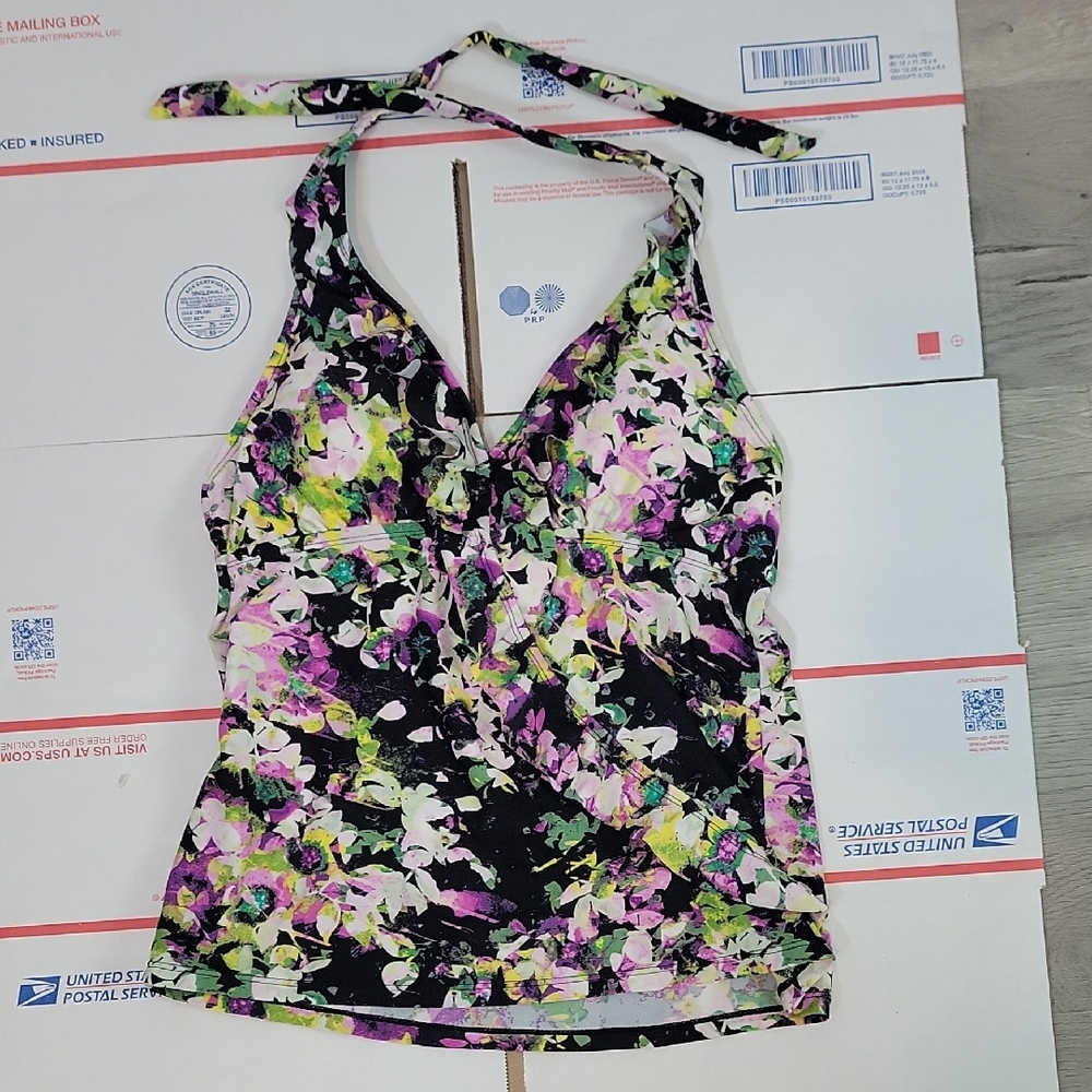 Love your Assets by Spanx Tankini Top Black Purple Floral Halter Ruffle